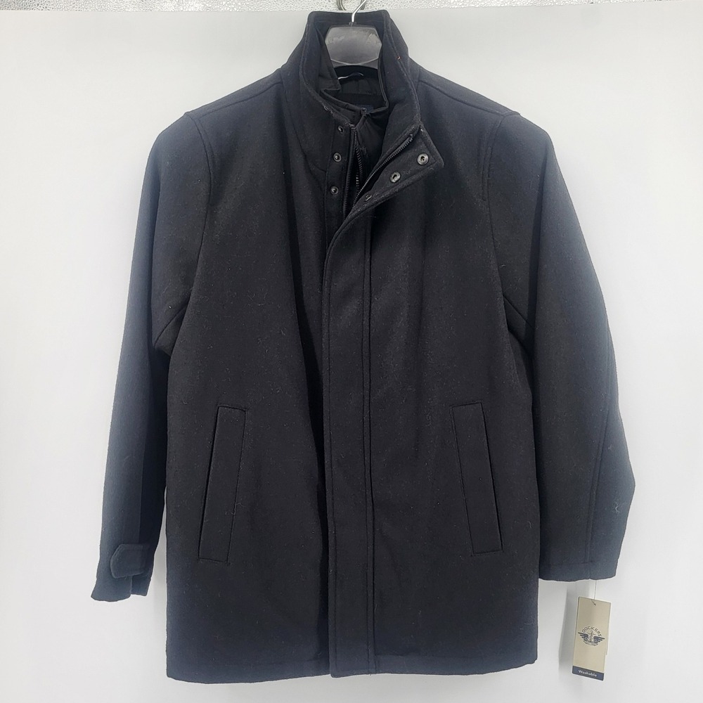 Dockers Black Wool Blend Zip Up Jacket Mens size small Lined heavy warm Washable